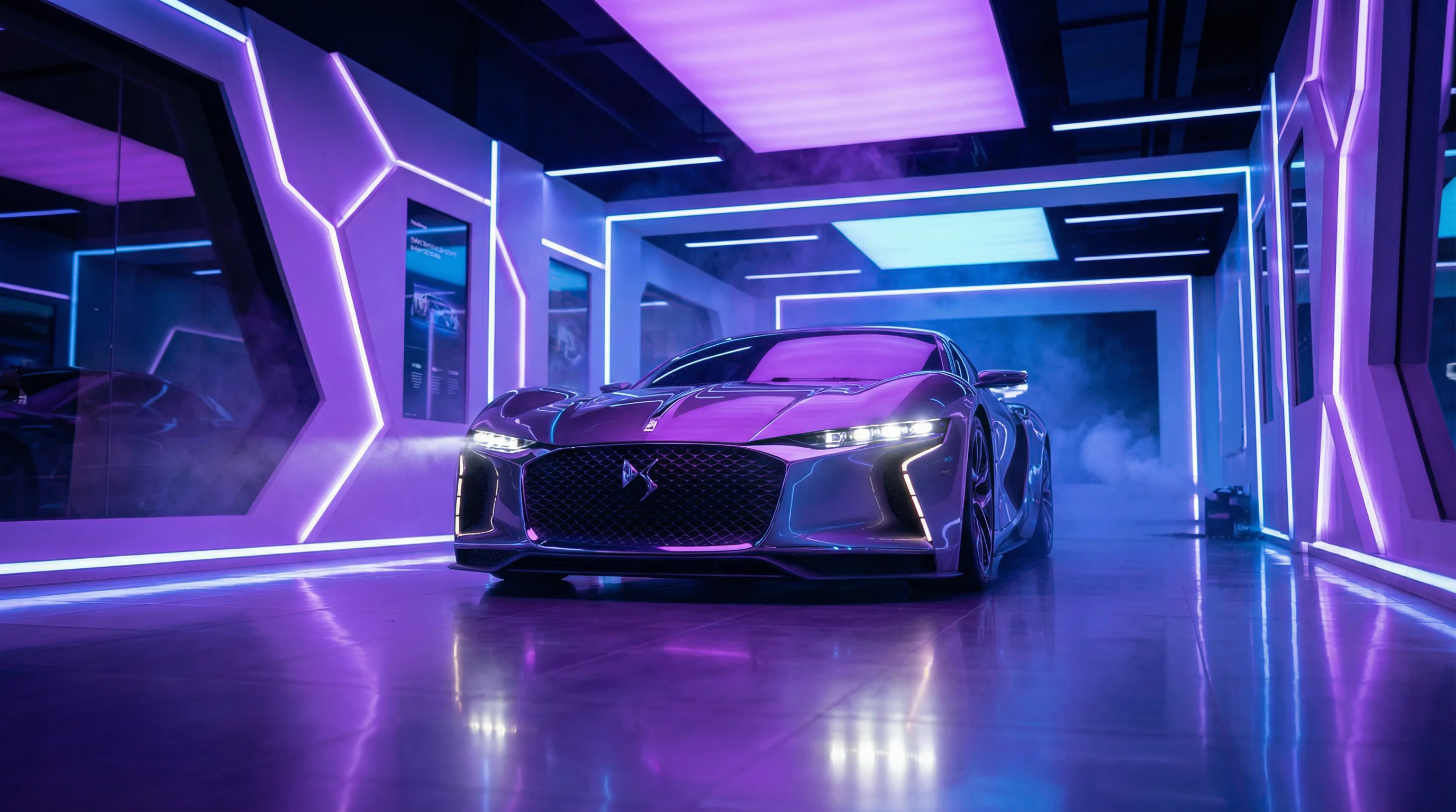 Sports car in neon showroom lighting