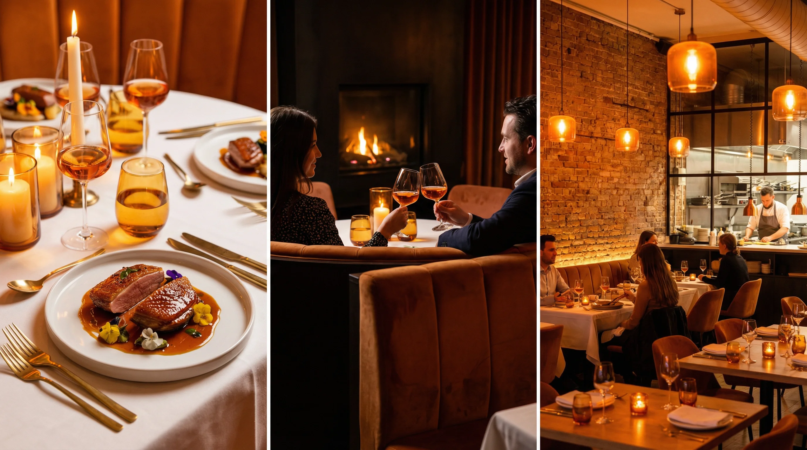 Restaurant table set for dinner with warm lighting